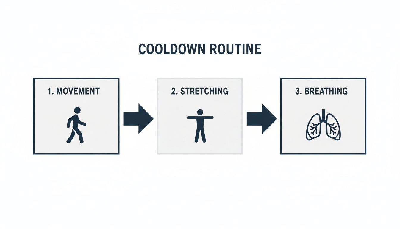 A diagram illustrating a post-workout cooldown routine with three sequential steps: movement, stretching, and breathing.