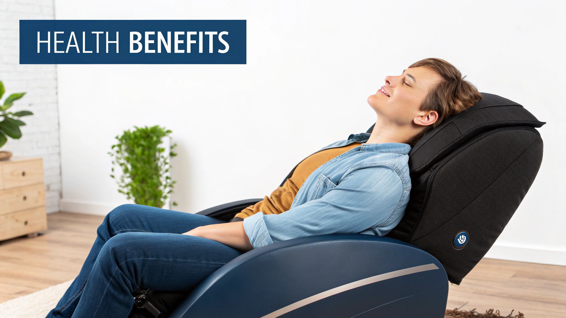 Woman relaxing in black massage chair at home demonstrating health benefits and wellness