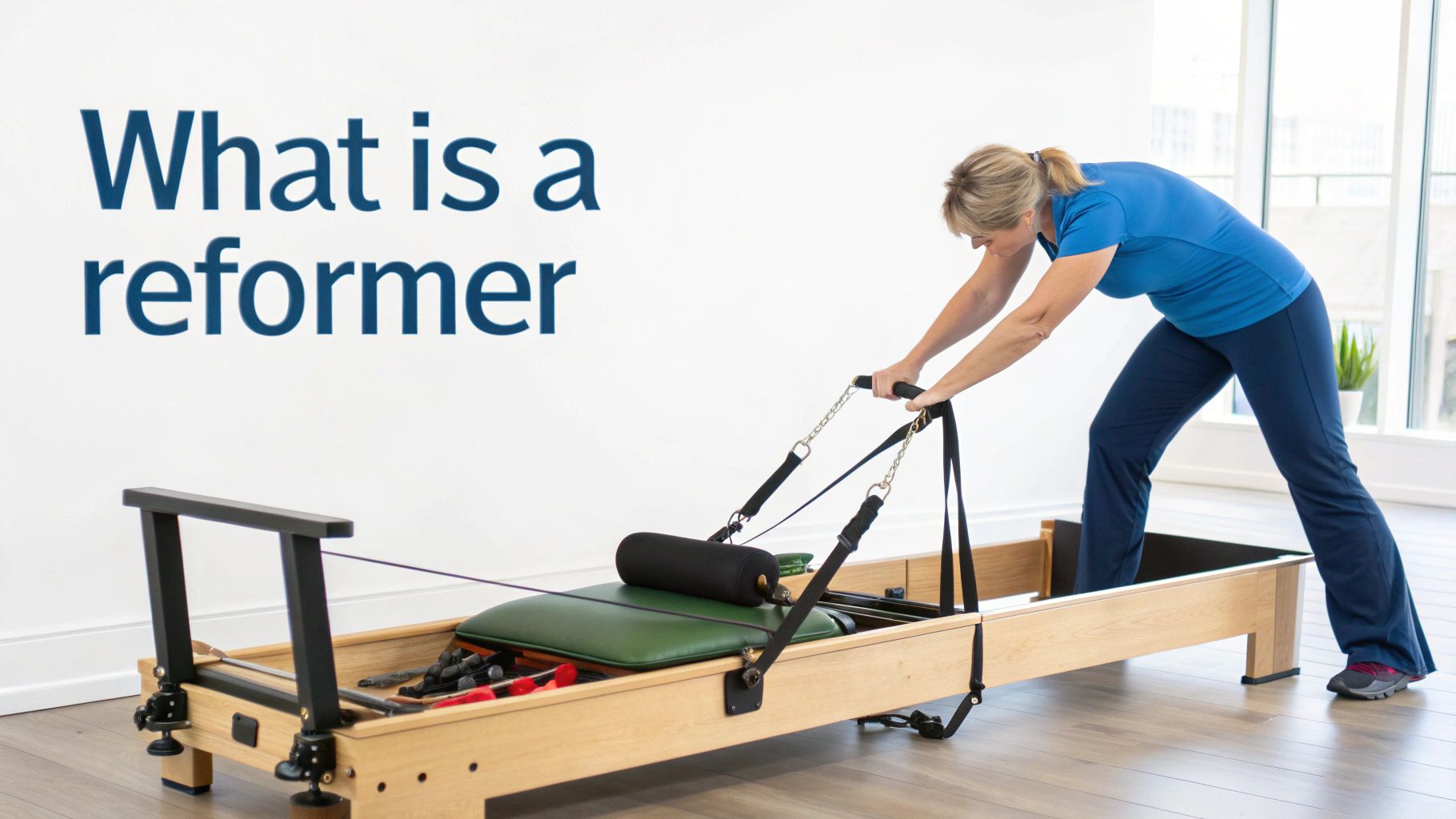 A woman in blue activewear demonstrating an exercise on a wooden Pilates reformer machine.