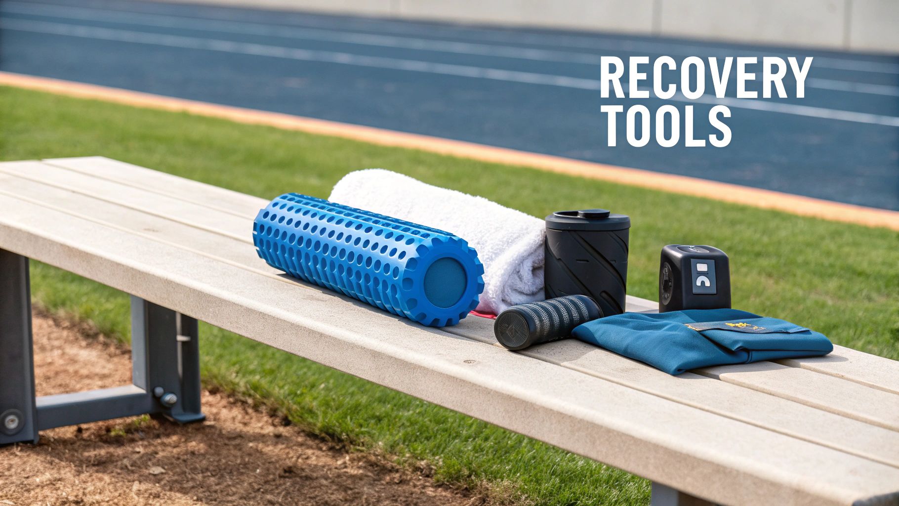 Various recovery tools including foam rollers, a towel, and massage devices laid out on a bench by a running track.