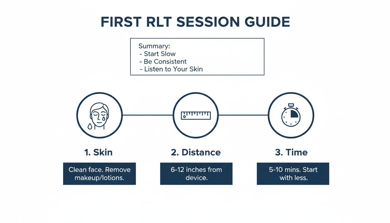 First RLT session guide with steps for skin, distance, time, and a helpful summary.