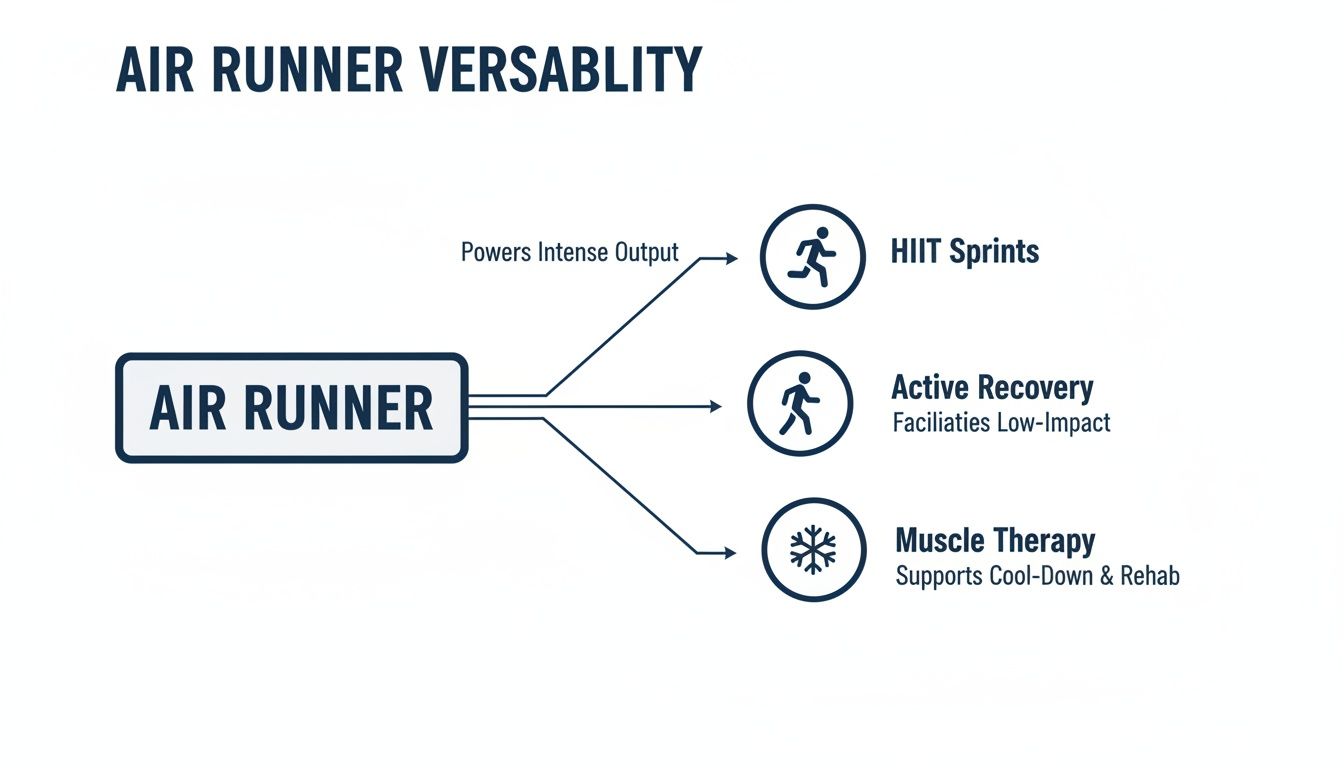 Diagram illustrating the Air Runner's versatility for HIIT sprints, active recovery, and muscle therapy.