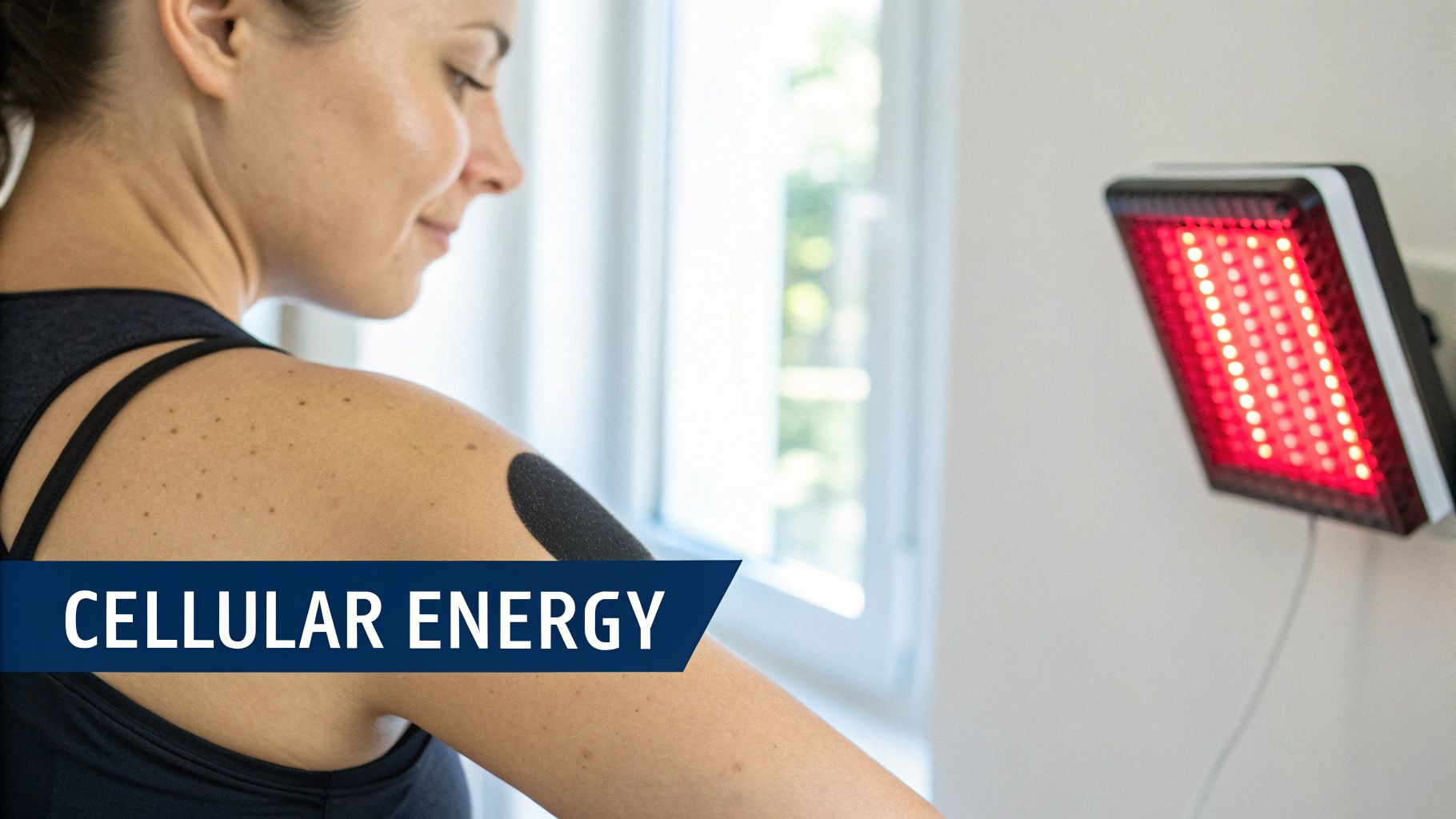 Woman with kinesiology tape on her shoulder receiving red light therapy from a wall-mounted panel.