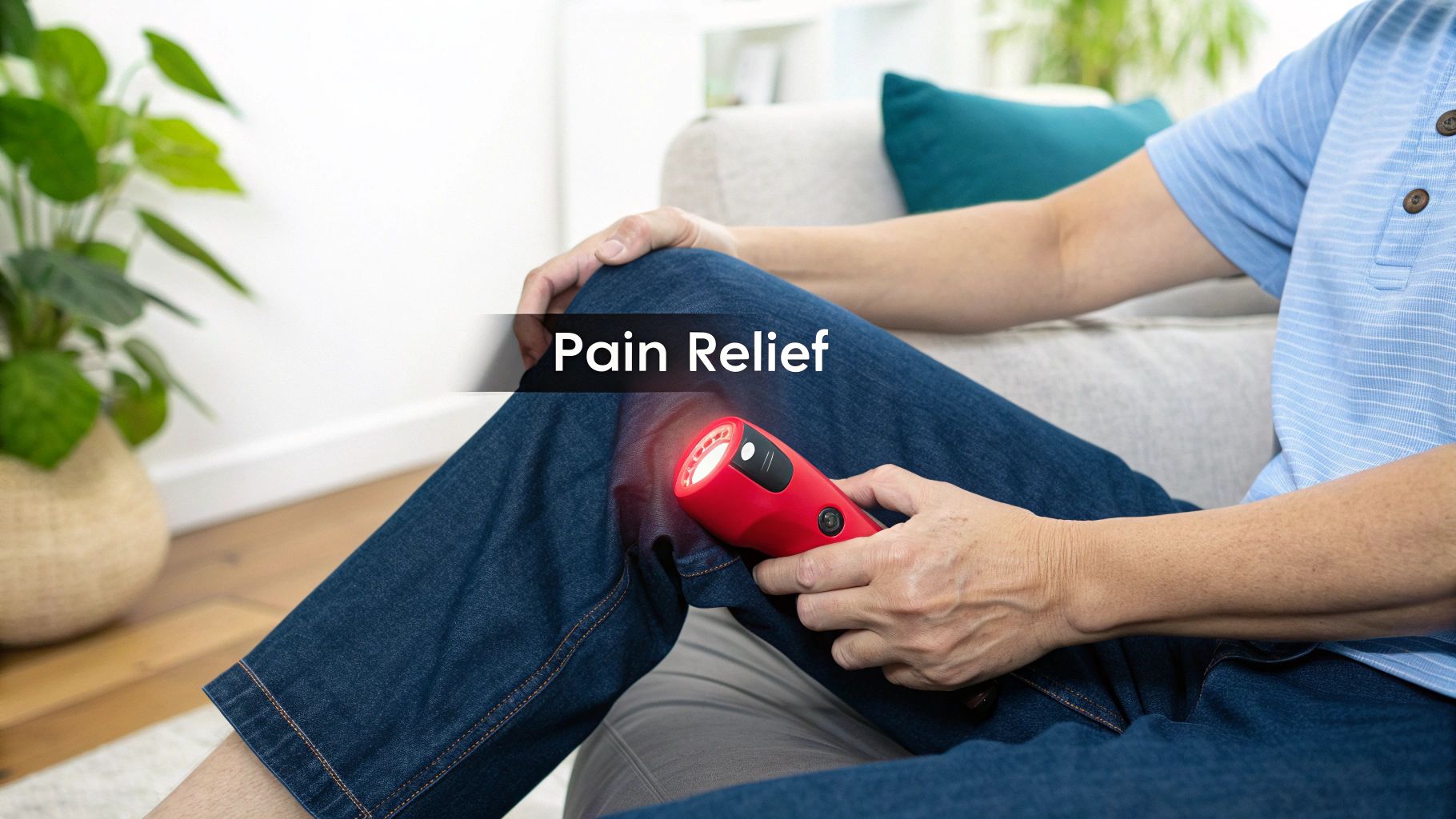 A person applies a red light therapy device to their knee for pain relief at home.