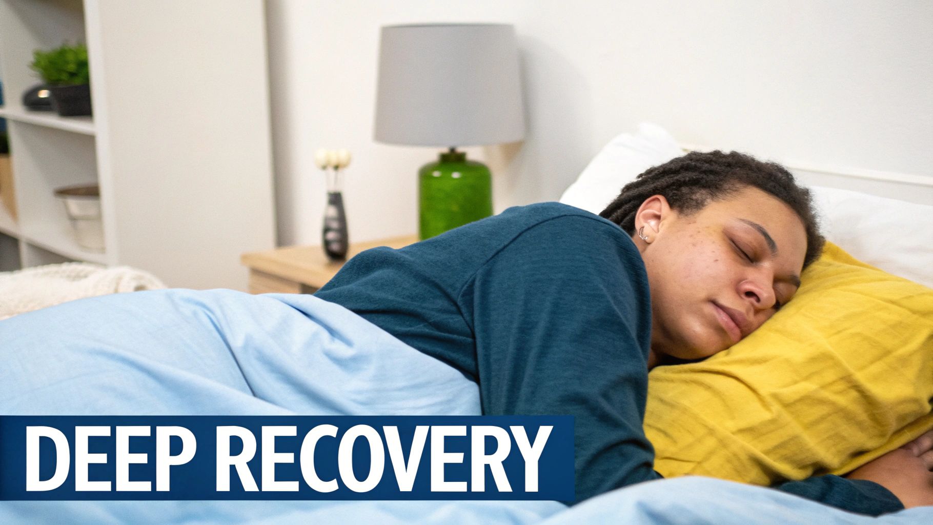 Woman sleeping peacefully in a dark room, symbolizing deep restorative rest.