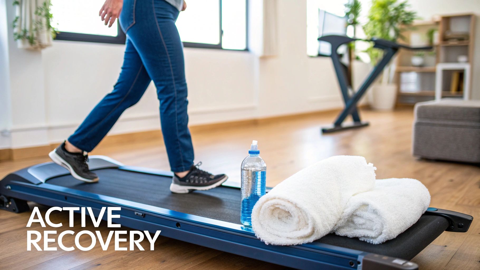 A person in blue jeans and sneakers walking on a treadmill with a water bottle and towels.