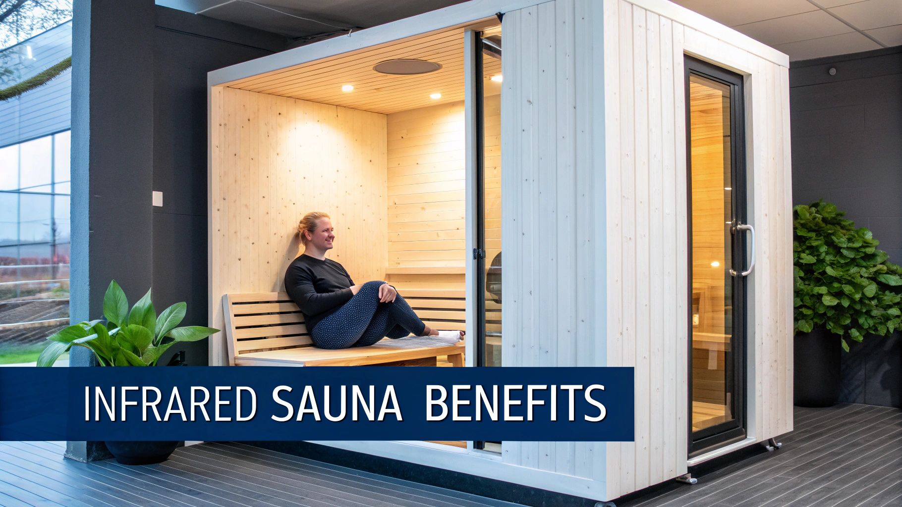 A woman relaxes on a wooden bench inside a modern infrared sauna, emphasizing its health benefits.