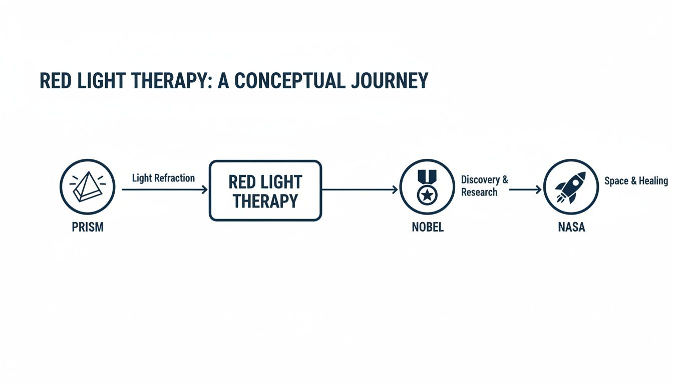 Flowchart illustrating the conceptual journey of red light therapy from light refraction to NASA's space healing applications.