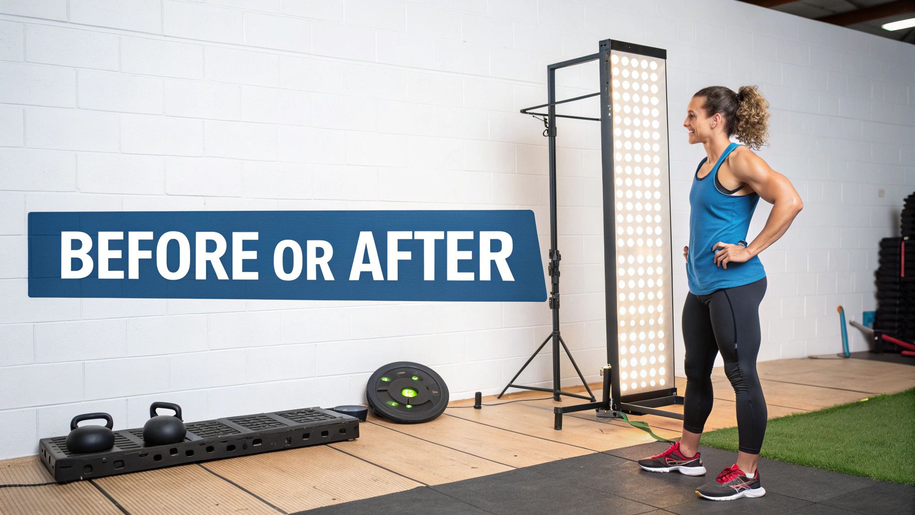 A woman stands next to a red light therapy panel in a gym, with the text 'BEFORE OR AFTER' on the wall.
