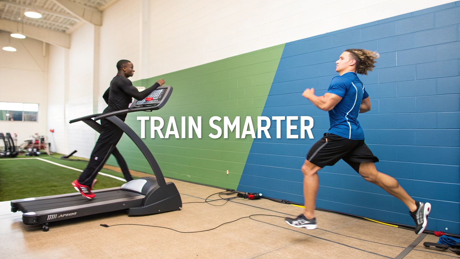 Two men training in a gym: one running on a manual treadmill, the other sprinting with resistance bands.