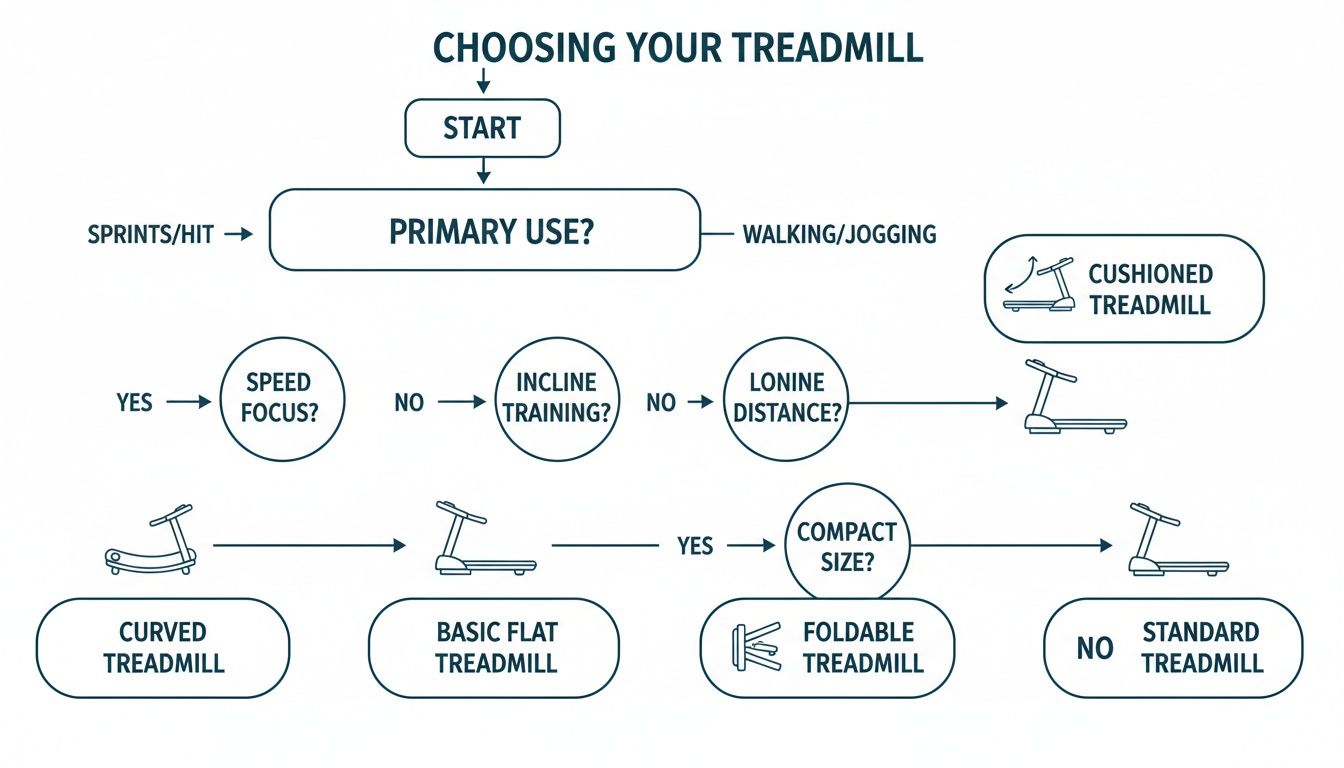 A flowchart titled 'Choosing Your Treadmill' helps users select a treadmill based on use, speed, incline, and size.