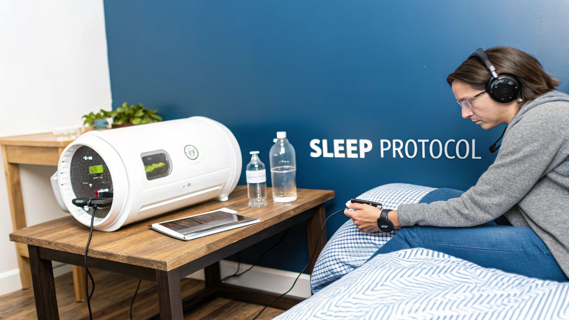 Woman with headphones and glasses using a smart device next to a hyperbaric chamber for sleep.