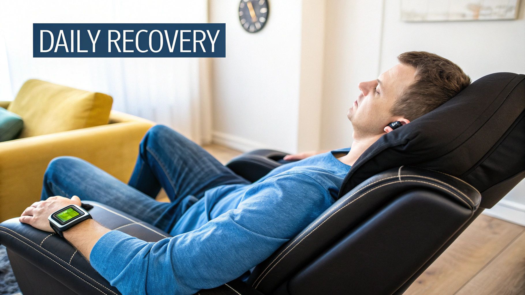 A man relaxing in a zero gravity massage chair, wearing a smartwatch and an earbud.