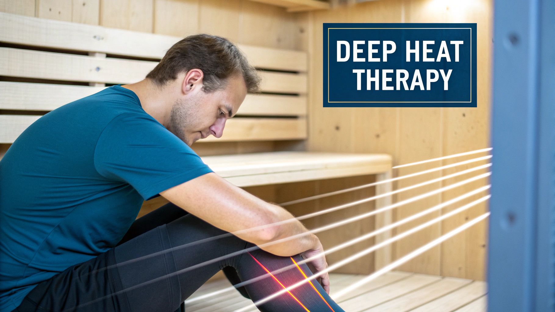 Man in a sauna experiencing deep heat therapy on his leg with glowing infrared rays.