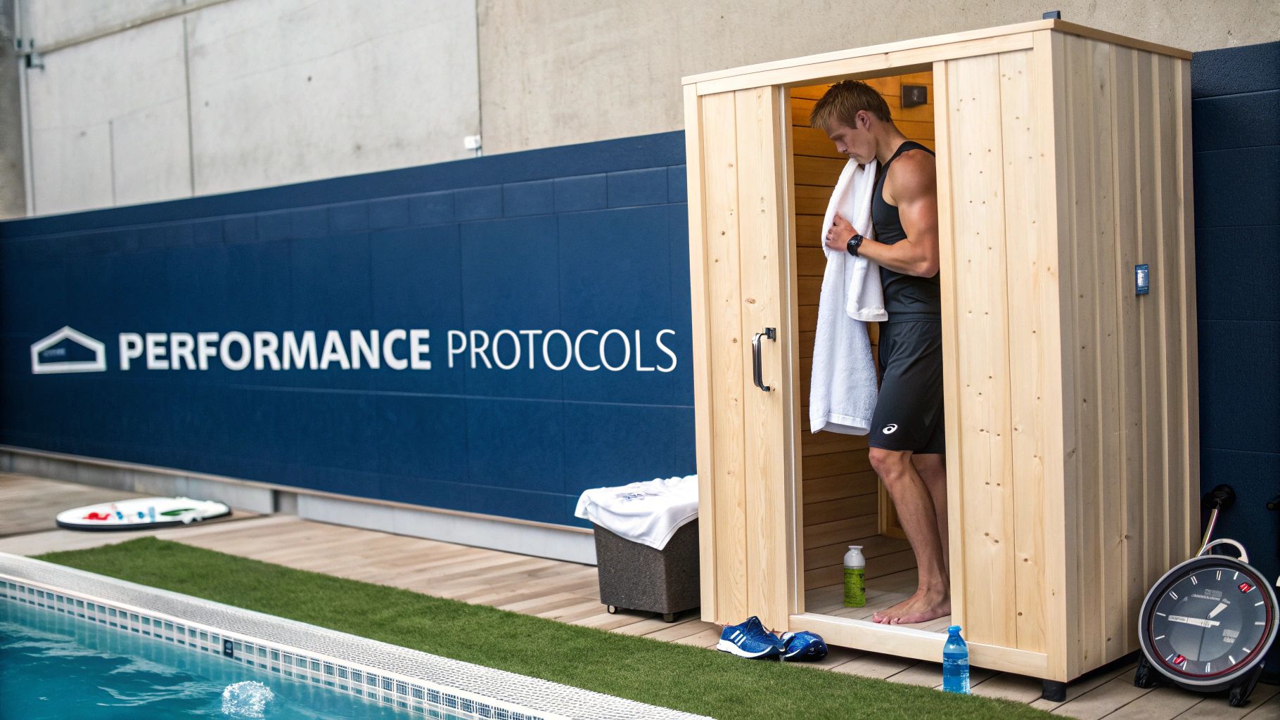 An athlete with a towel exits a modern wooden sauna by a pool, next to a 'Performance Protocols' sign.