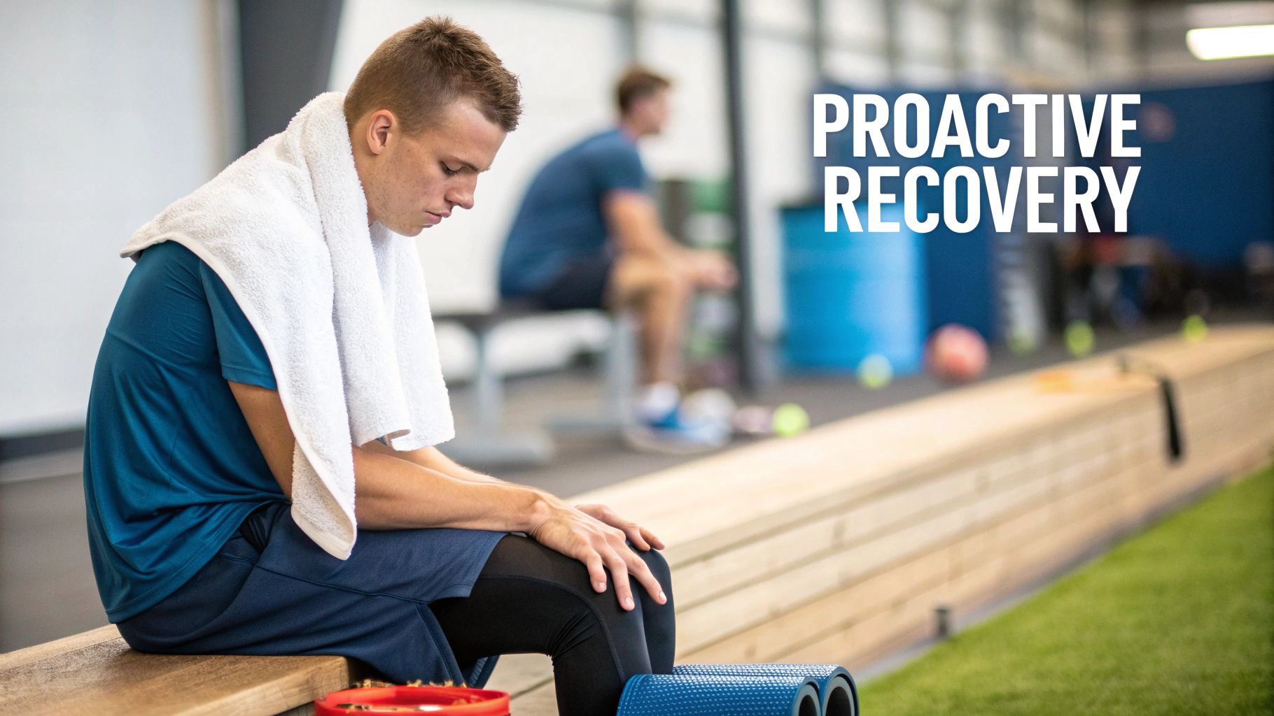Athletic man resting with towel and foam roller after workout in modern gym