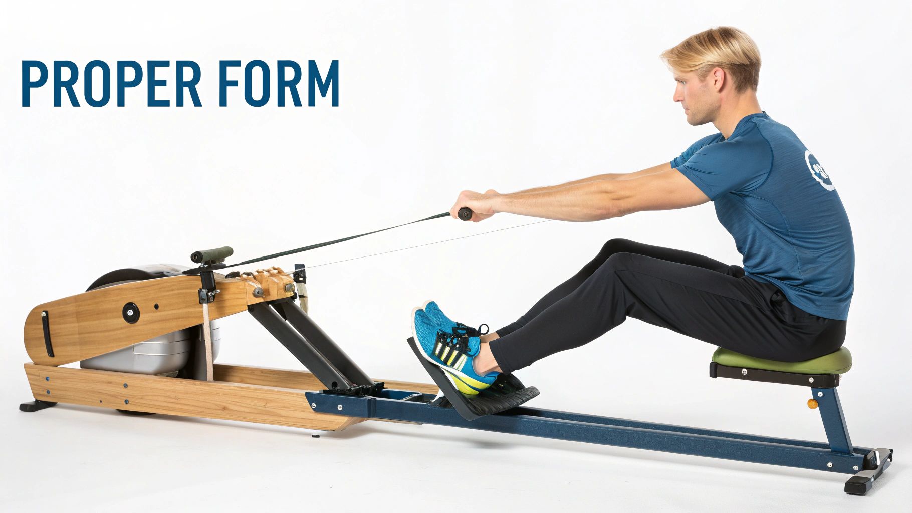 A woman demonstrates proper rowing form on a water rowing machine in a well-lit room.