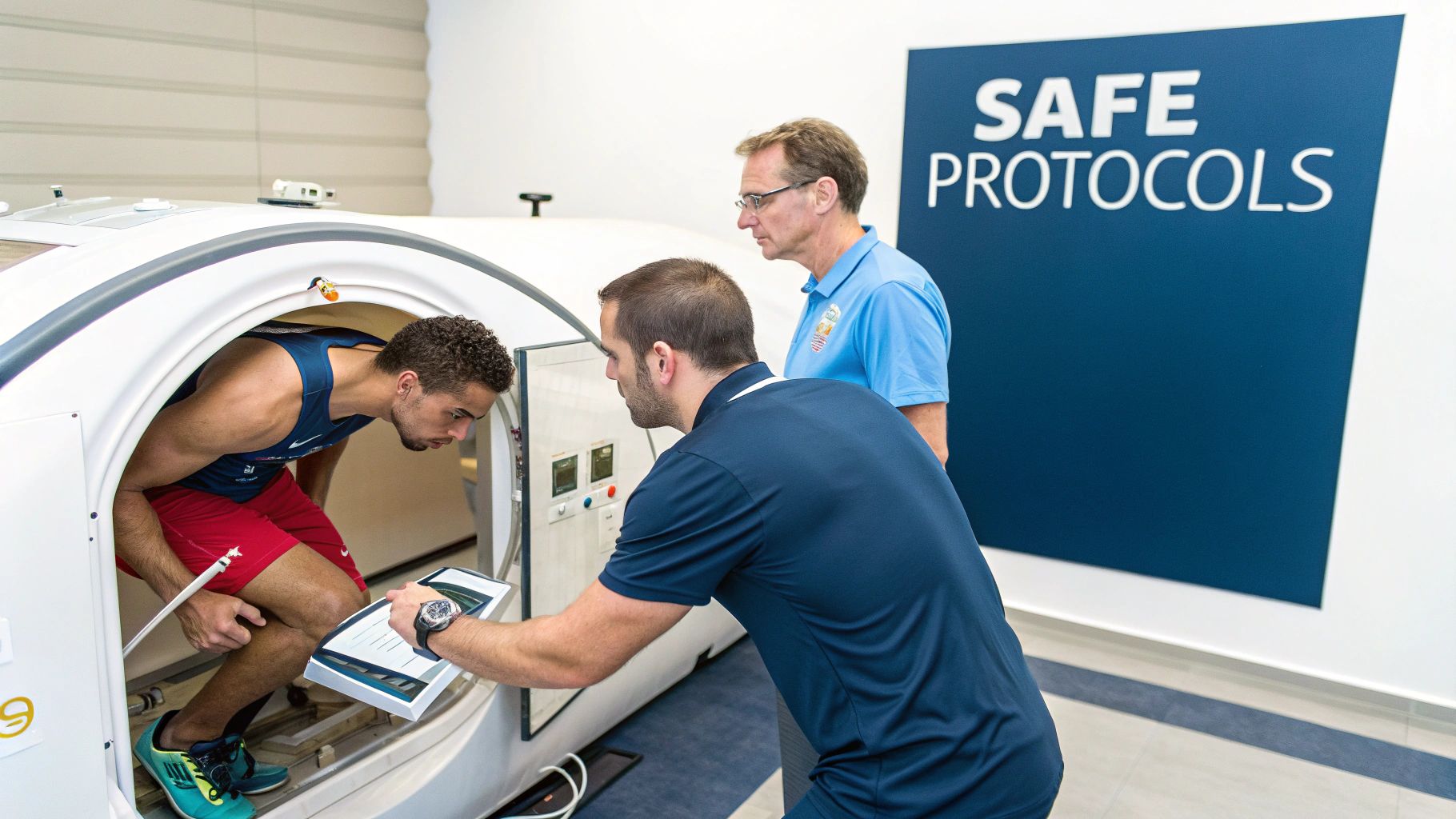 Athlete entering a hyperbaric chamber for recovery, observed by two coaches holding a tablet.