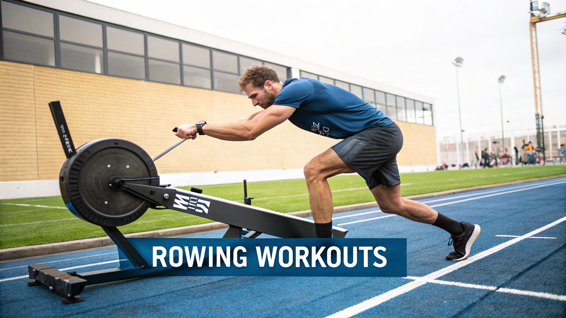 An athletic man performs a powerful rowing workout on a machine at an outdoor track.