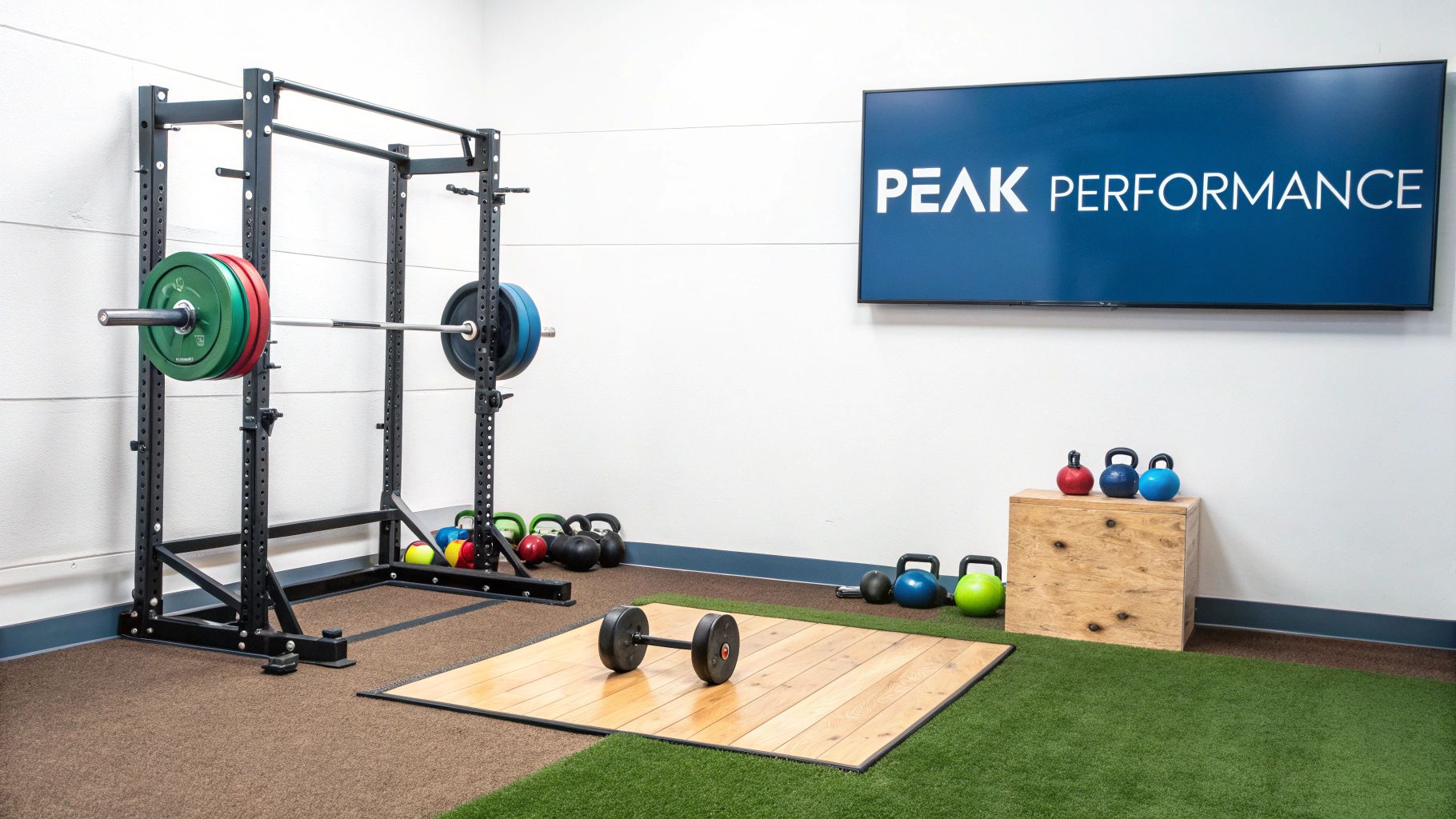 A modern performance training facility featuring a squat rack, barbell, kettlebells, and a wooden plyo box.