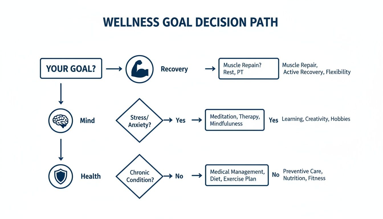 A decision path flowchart for wellness goals, addressing recovery, mental, and physical health.