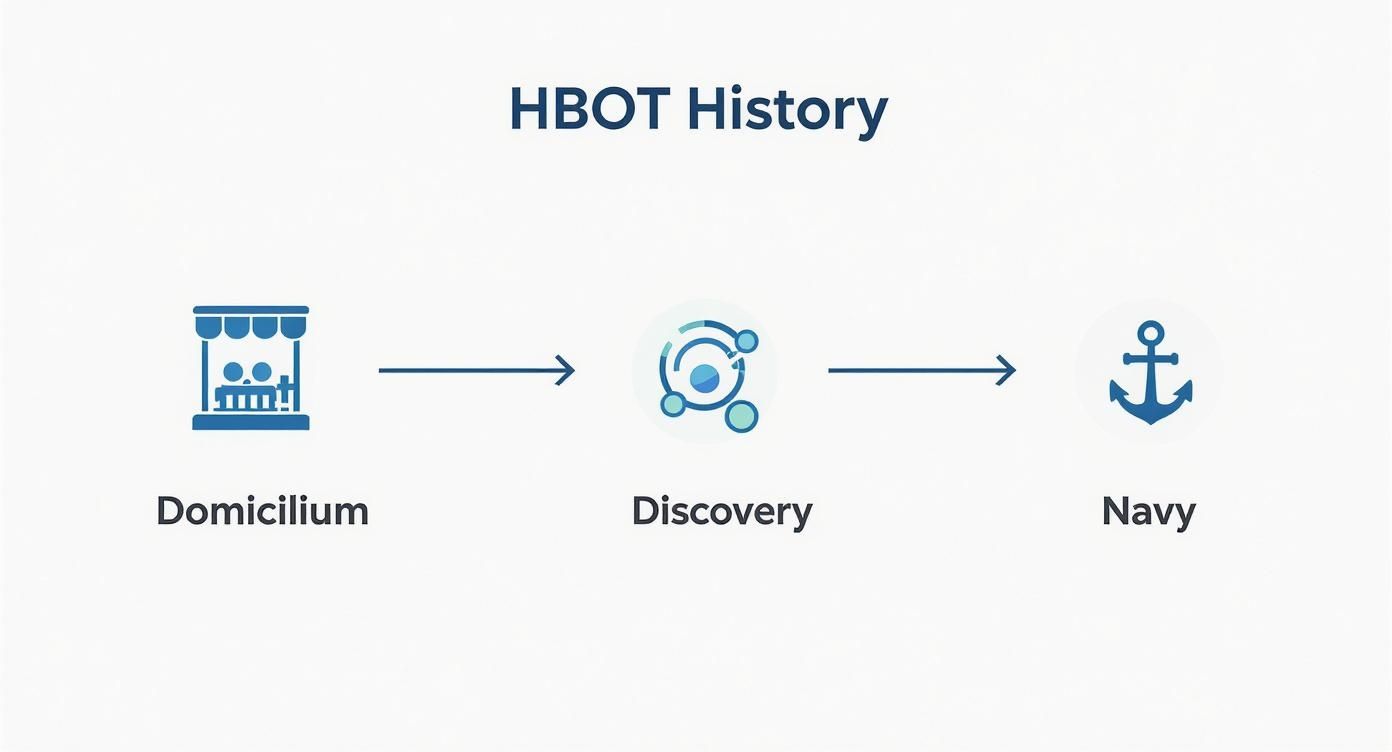 A visual history of HBOT, illustrating the progression through Domicilium, Discovery, and Navy stages.