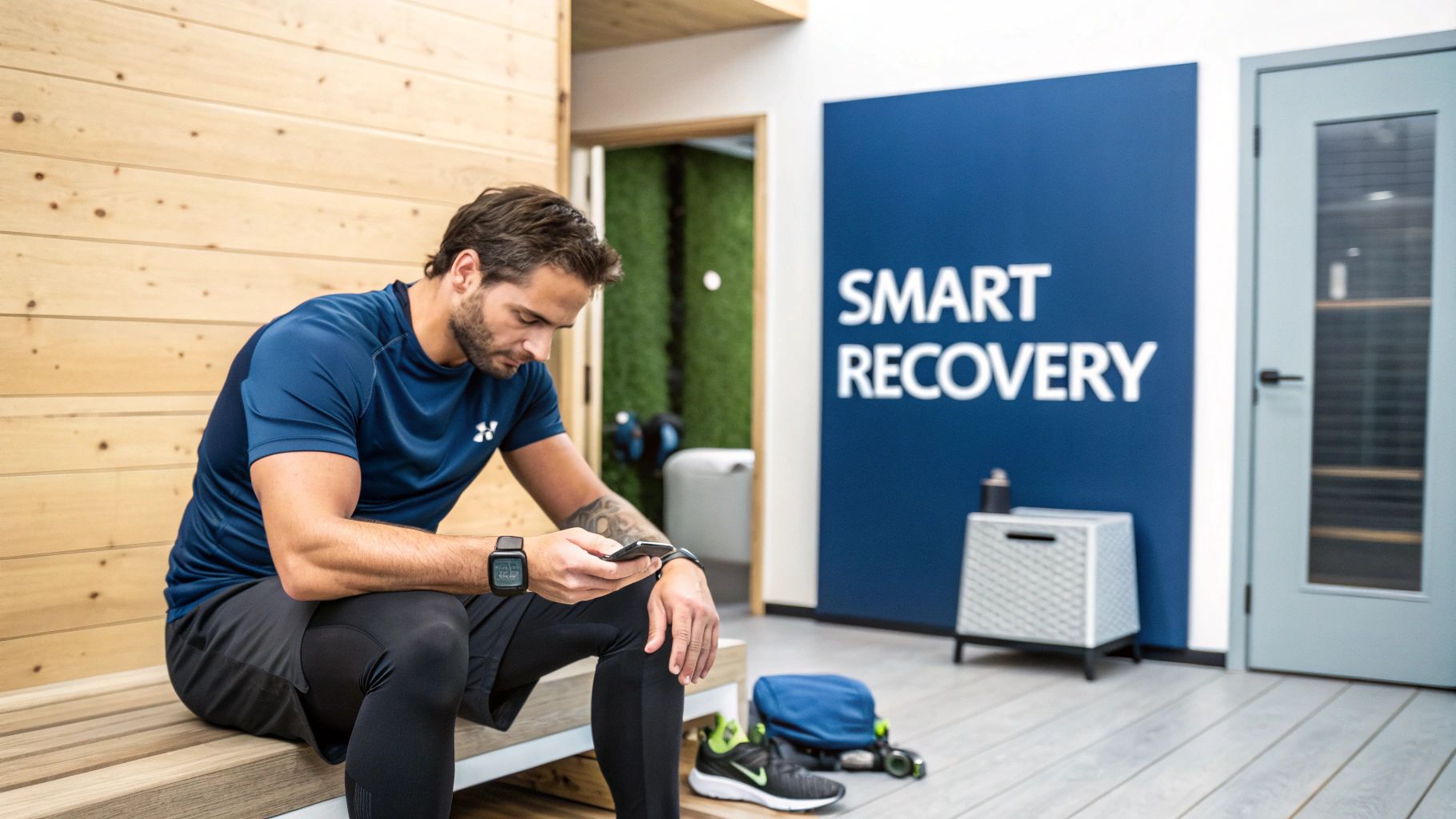 A man in athletic wear sits on a wooden bench, checking his phone in a smart recovery facility.