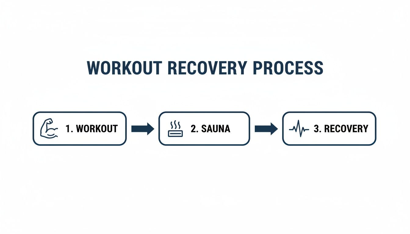 Diagram showing the workout recovery process from exercise to sauna and final recovery.