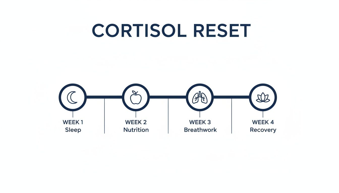 A four-week 'Cortisol Reset' program outlining steps for sleep, nutrition, breathwork, and recovery.