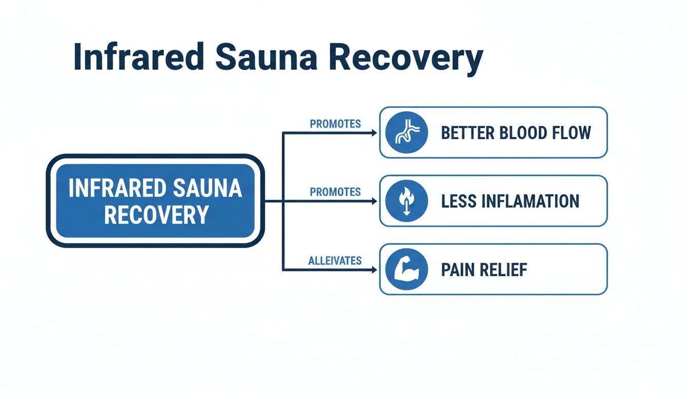 A diagram illustrating the benefits of infrared sauna recovery: better blood flow, less inflammation, and pain relief.