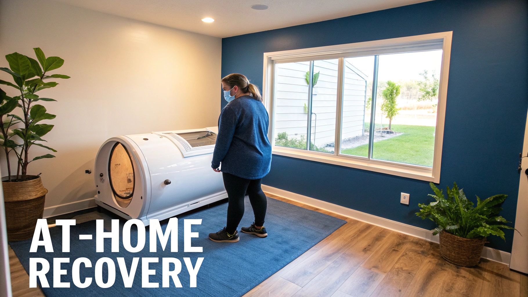 A woman in a face mask stands by a white hyperbaric chamber in a modern home recovery room.