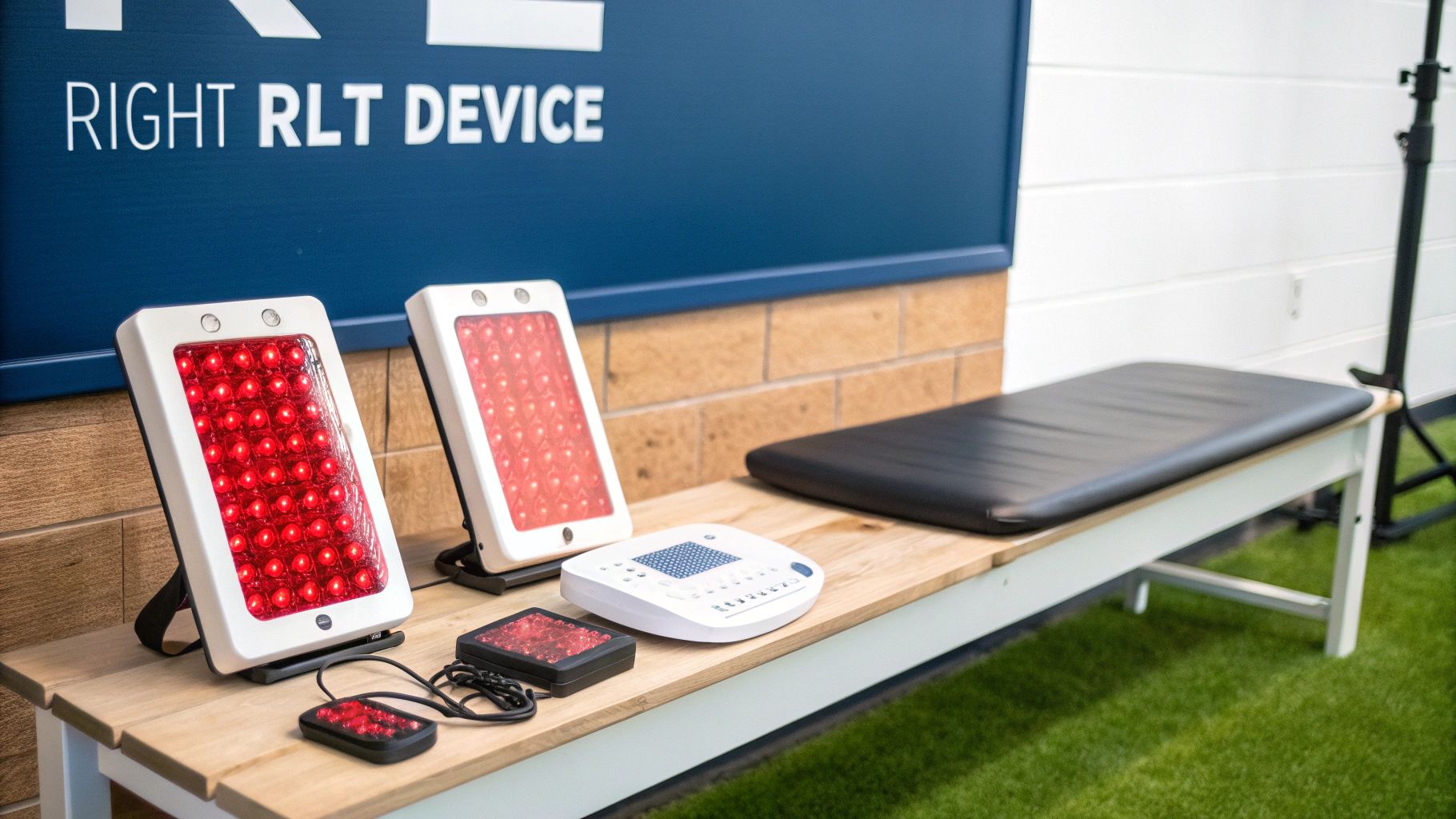 Various red light therapy devices and equipment arranged on a wooden bench.