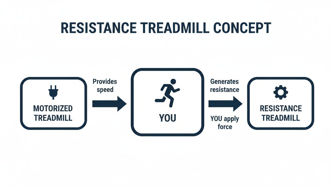 Diagram illustrates the resistance treadmill concept, showing a motorized treadmill providing speed to a user, who generates resistance.