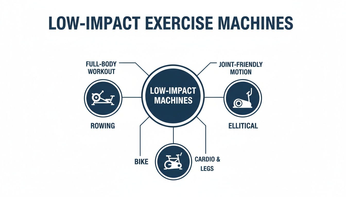 A diagram illustrating low-impact exercise machines: rowing, elliptical, and stationary bikes, detailing their workout benefits.