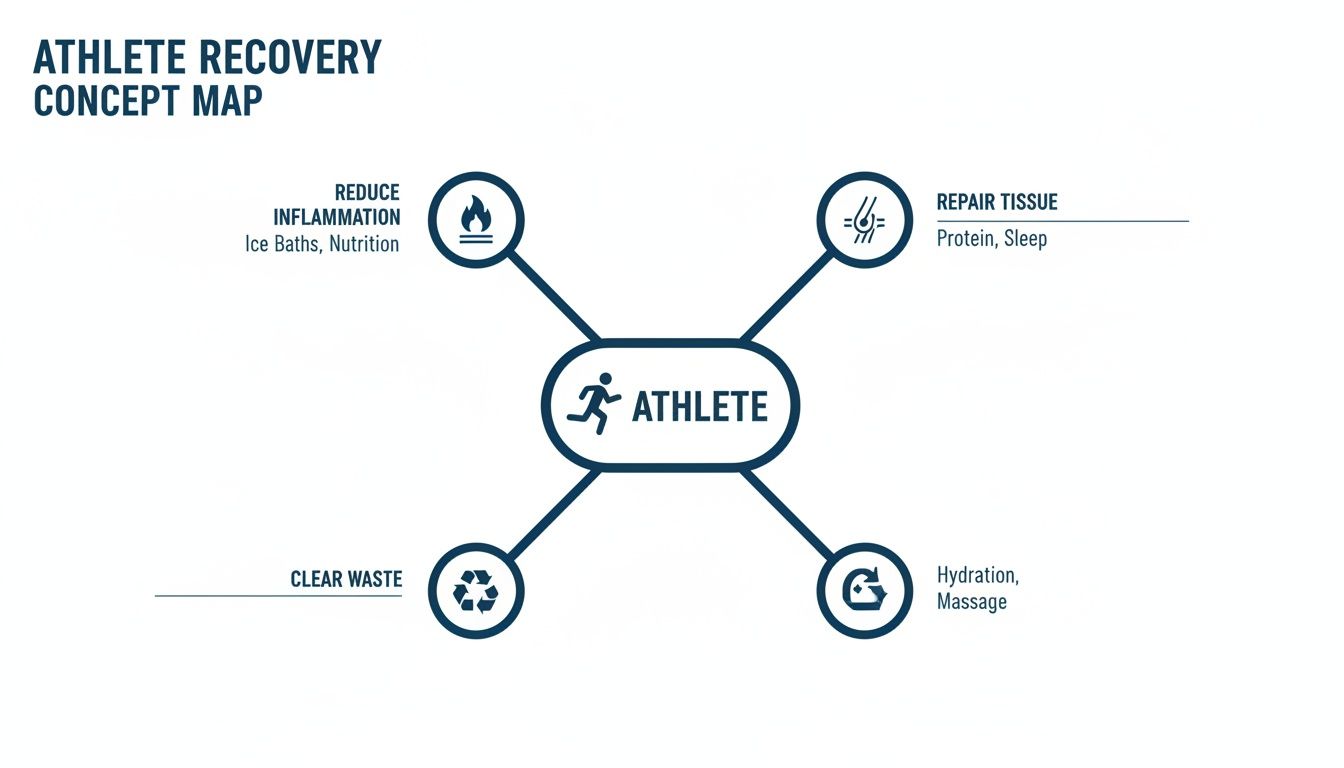 Athlete recovery concept map detailing strategies like inflammation reduction, tissue repair, waste removal, hydration, and massage.