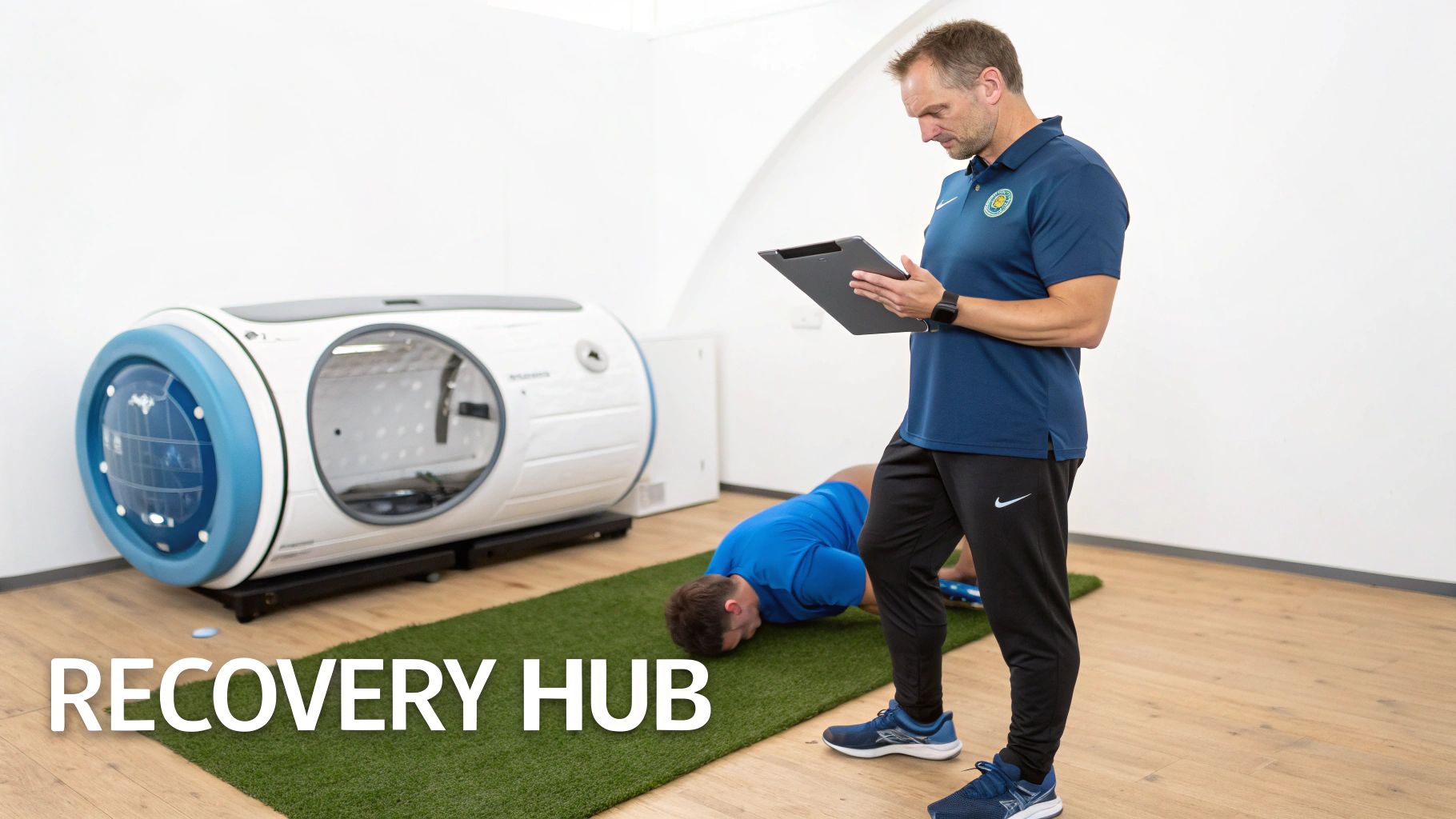 A trainer reviews data on a tablet while an athlete performs exercises on a mat, with a hyperbaric chamber in the background.