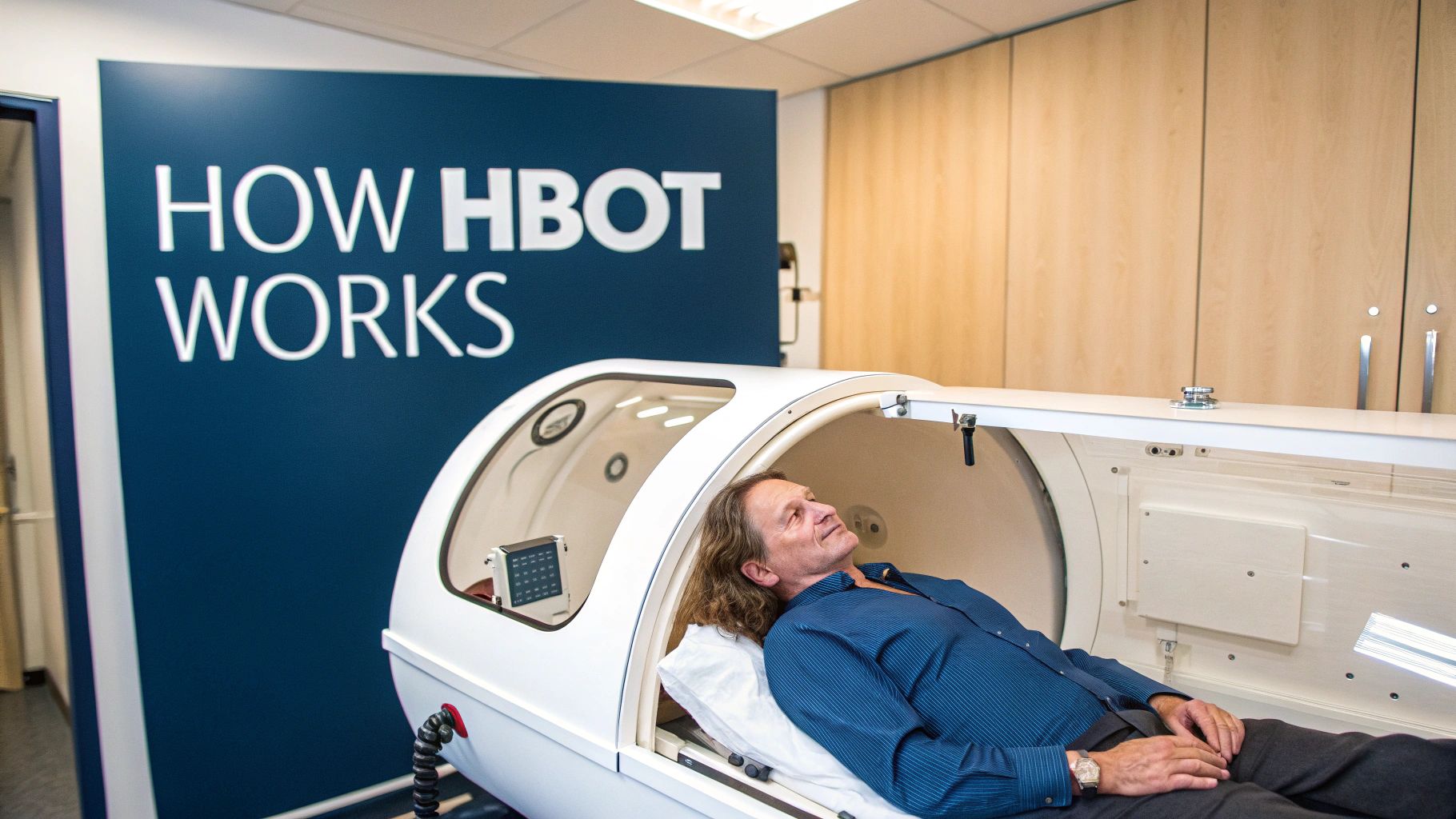 A man lies relaxed inside a modern hyperbaric oxygen therapy chamber with 'HOW HBOT WORKS' on the wall.