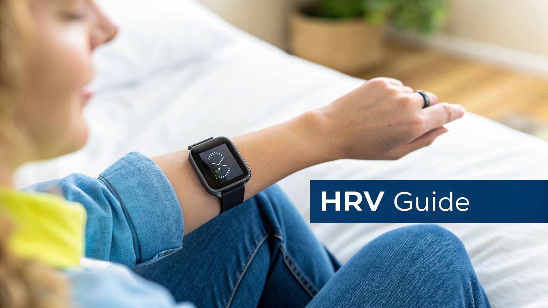A woman in denim checks her smartwatch displaying health metrics, with "HRV Guide" text overlay.