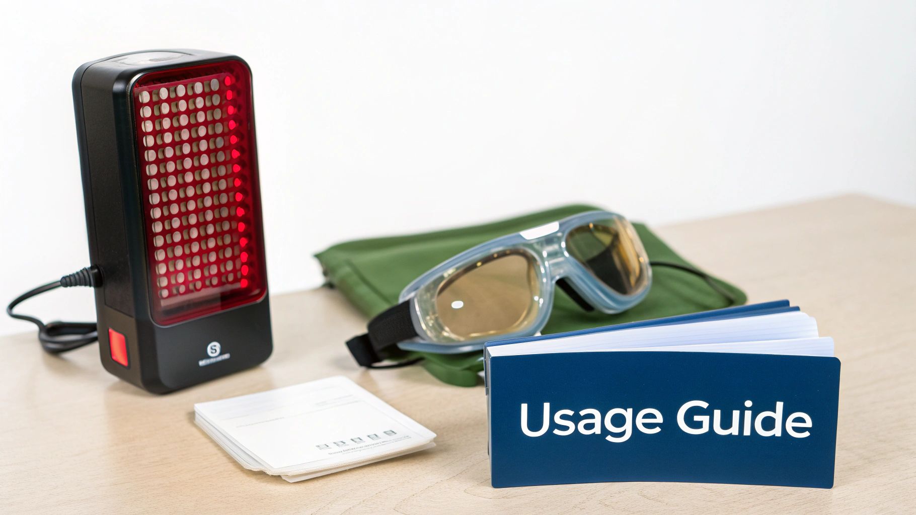 A red light therapy device with illuminated red lights, safety goggles, and usage guides on a wooden table.