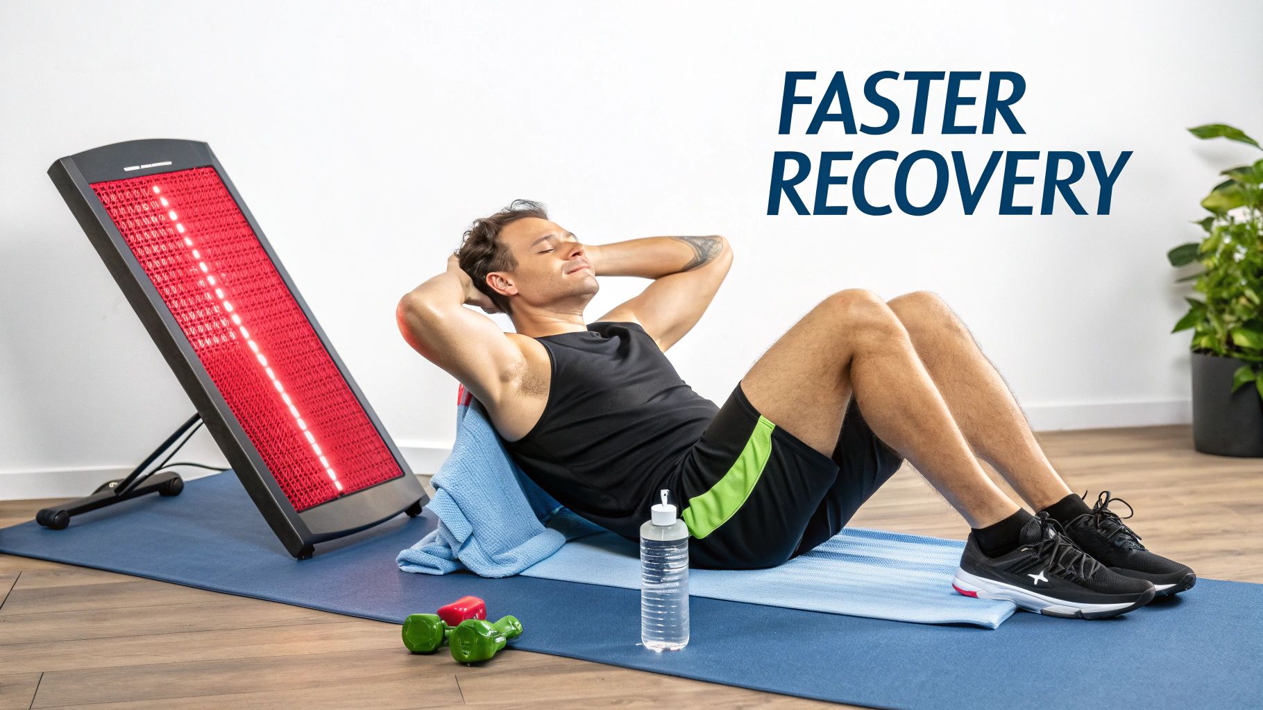 Man on yoga mat doing crunches with red light therapy for faster muscle recovery.
