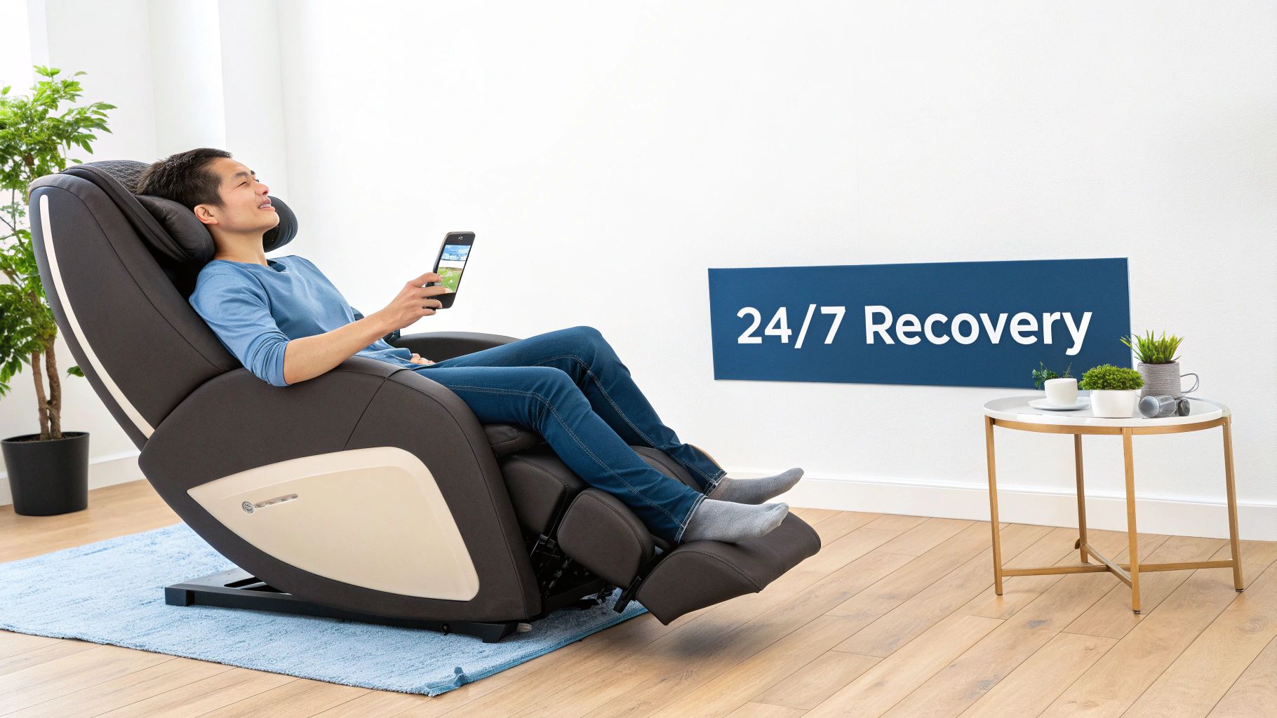A man relaxes in a modern massage chair, looking at his smartphone, with a "24/7 Recovery" sign on the wall.
