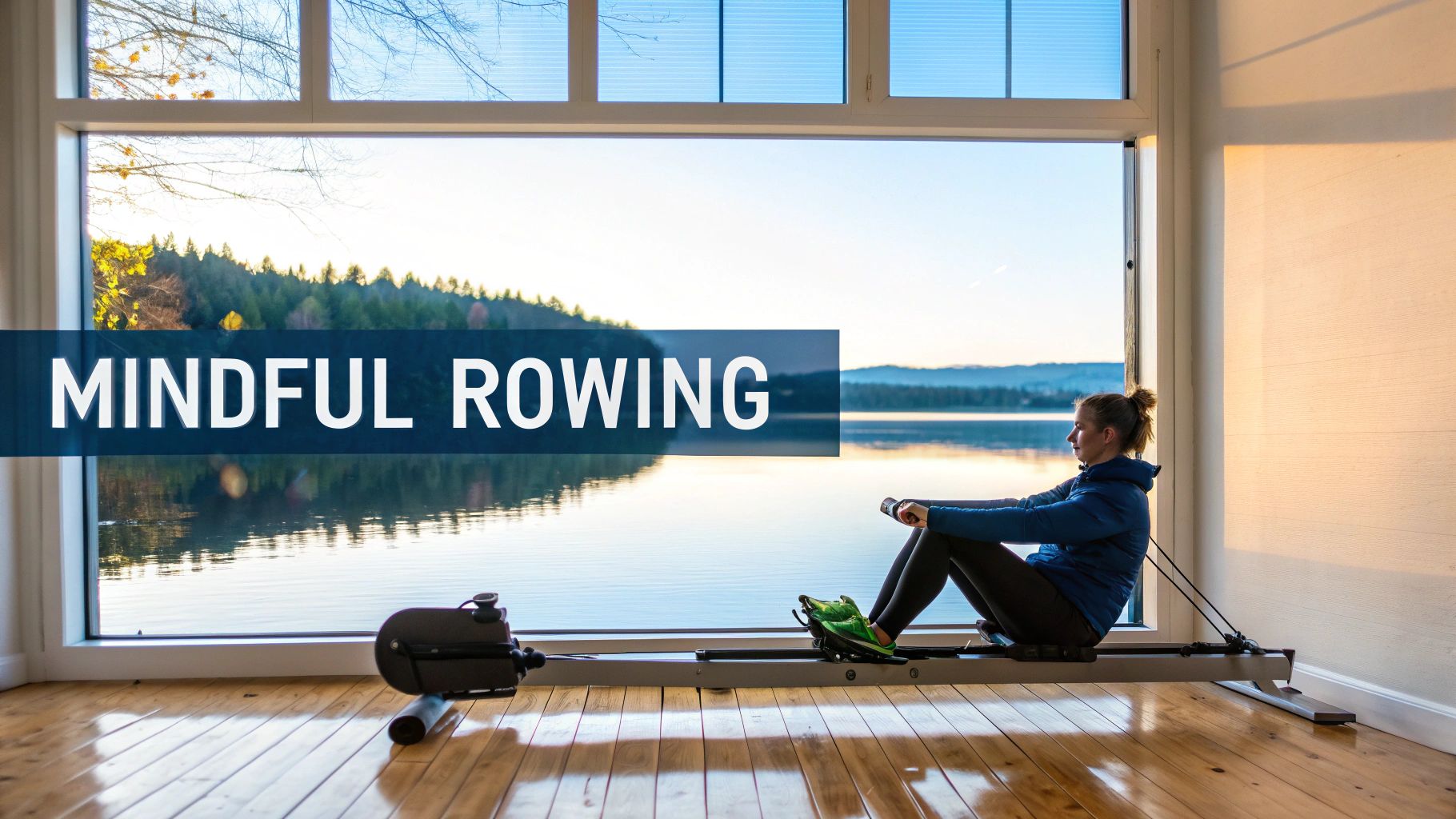 A person in a meditative state while using a water rowing machine.