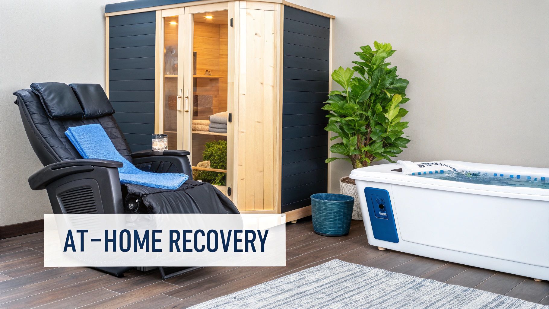 A serene home recovery space featuring a black massage chair, wooden sauna, and a cold plunge tub.