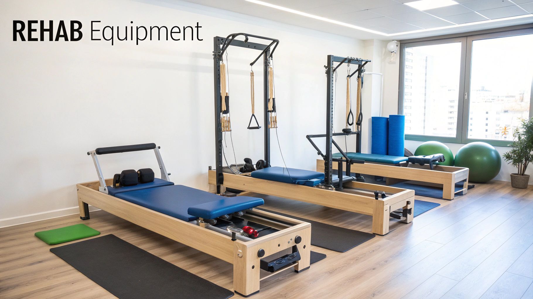 A bright and modern rehabilitation studio equipped with several Pilates reformers, exercise balls, and mats.