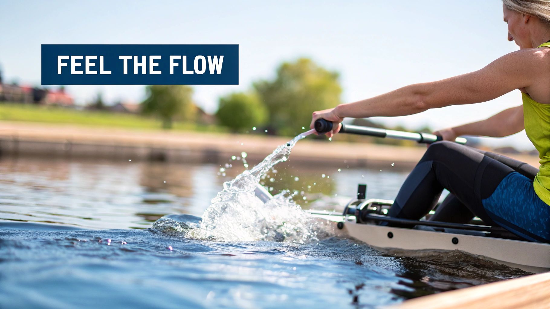 Close-up of a person rowing on a calm lake, creating a vibrant splash with the oar.