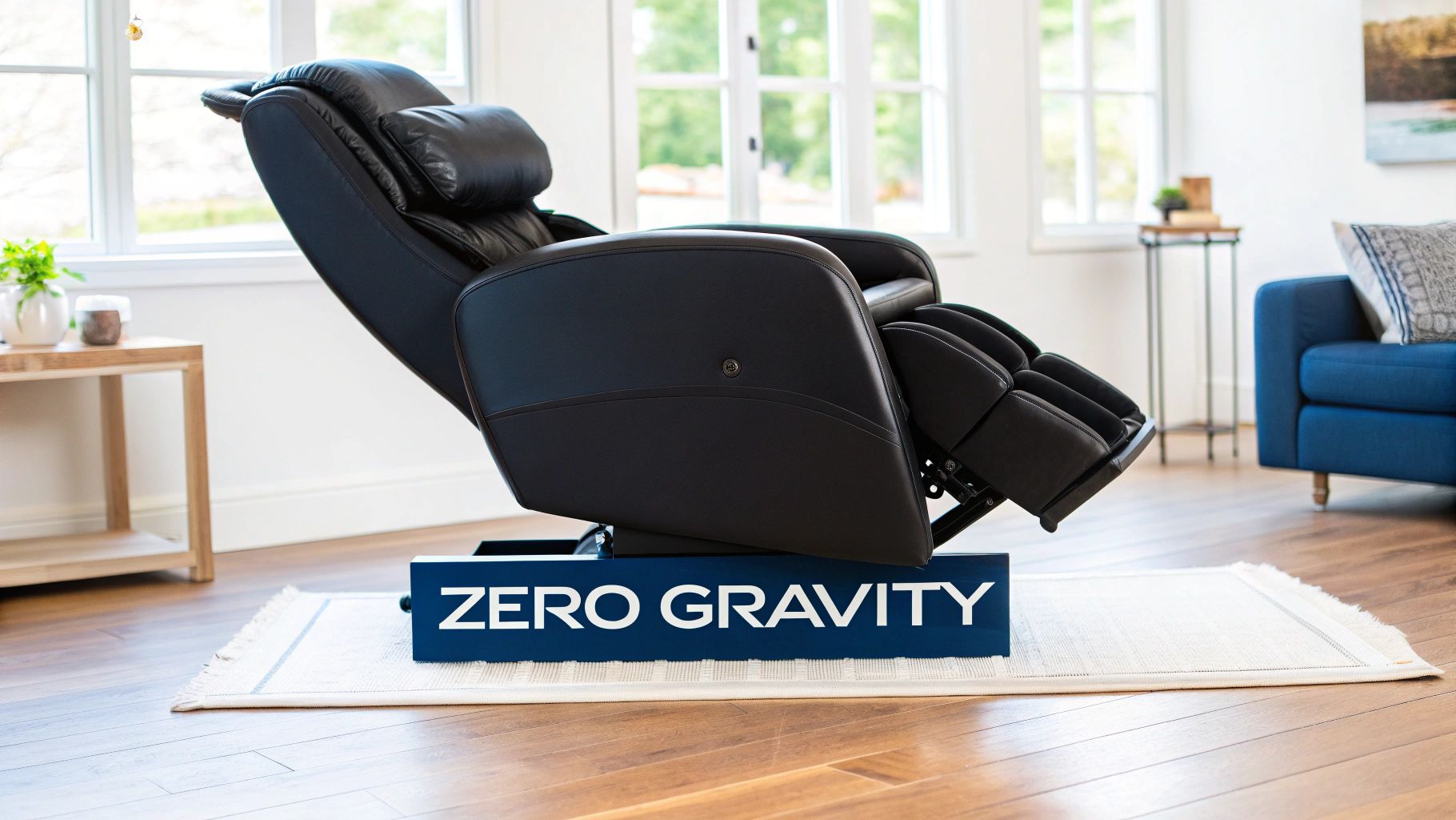 A black zero-gravity massage chair reclined on a white rug in a bright living room.