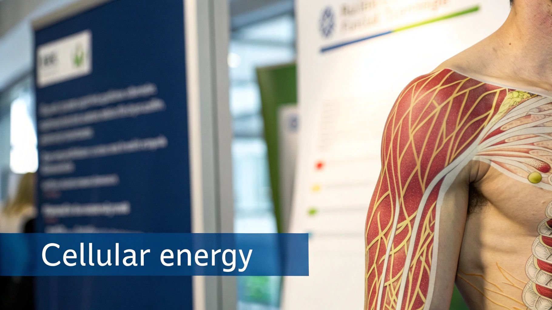 Anatomical overlay on a man's arm and chest illustrating muscles and nerves, with 'Cellular energy' text.