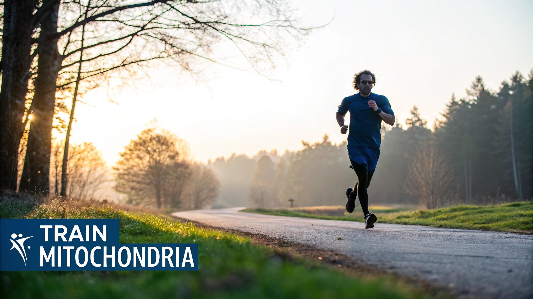 A man in athletic wear runs down a scenic road with trees and a bright sky.