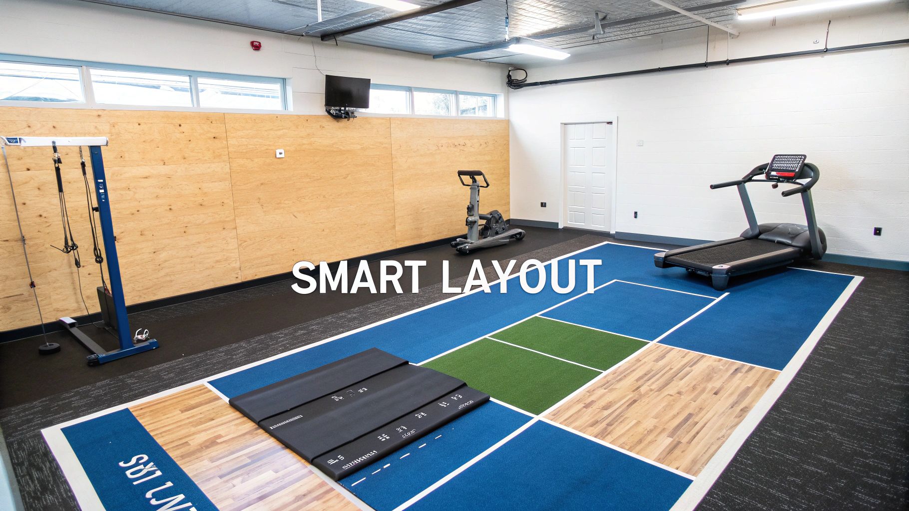 A modern home gym featuring a treadmill, exercise bike, cable machine, and a multi-colored floor layout.