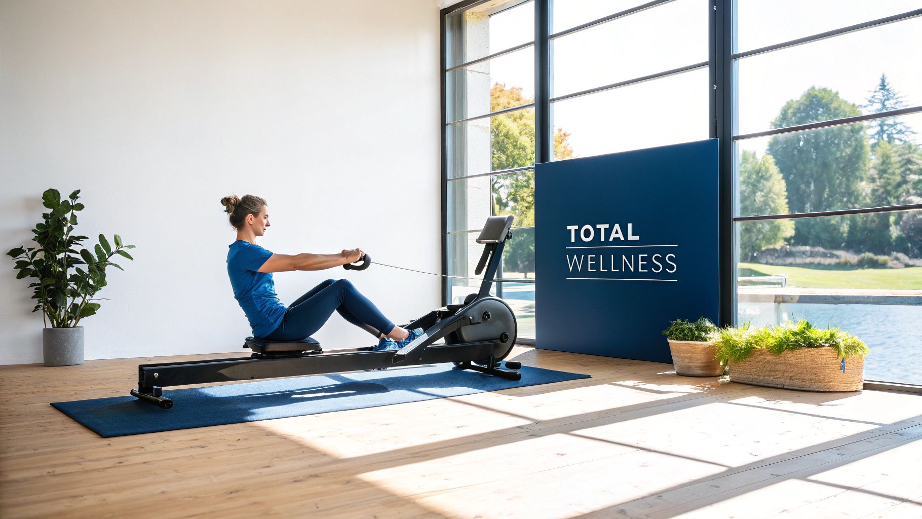 A woman in blue activewear uses a water rower indoors with a scenic lake view.